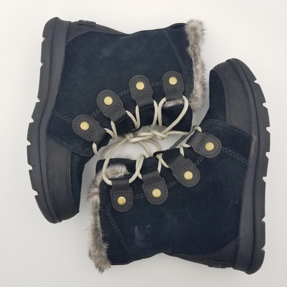Sorel Explorer Joan Waterproof Snow Boots-Black Leather/Grey Faux Fur- Women's 7 - Picture 16 of 16